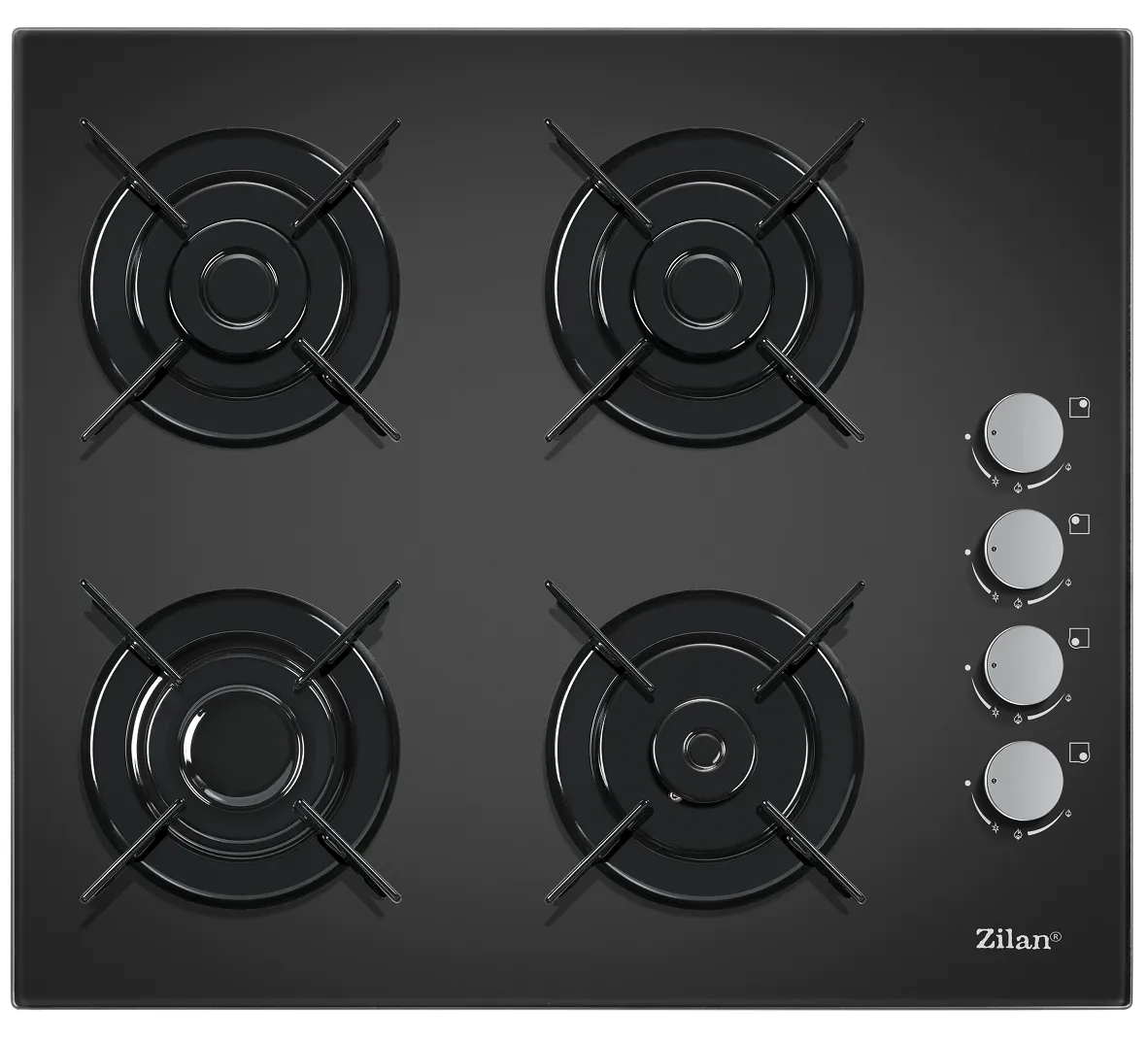 Plita incorporabila Zilan ZLN-0058 - 4 arzatoare, aprindere electrica, gaz natural/ GPL, sticla neagra 59cm