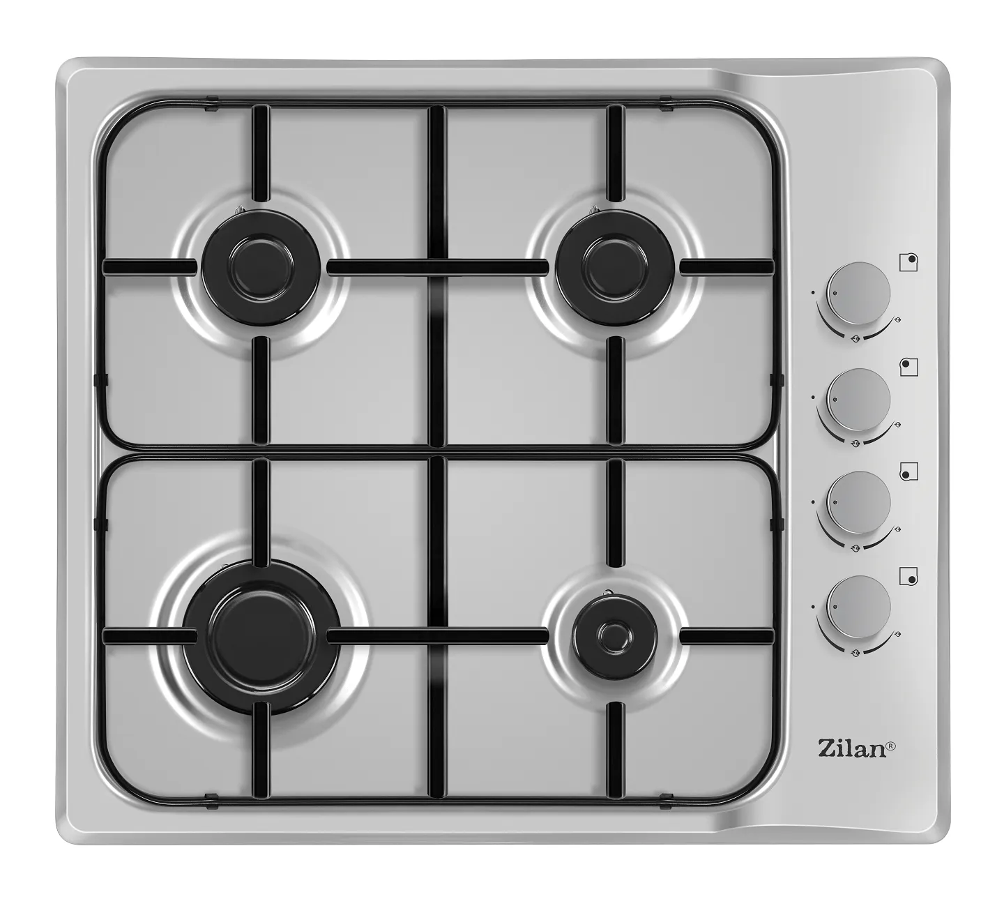 Plita incorporabila Zilan ZLN-1525 din inox, 4 ochiuri, 60x50 cm, GPL/Gaz natural