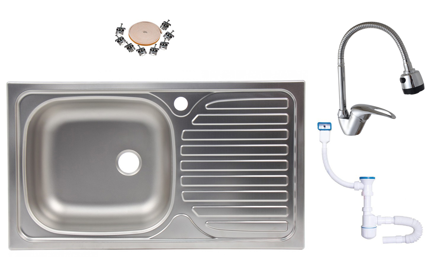 Set complet chiuveta inox anticalcar 77x43.5cm + baterie flexibila + sifon - montaj pe blat