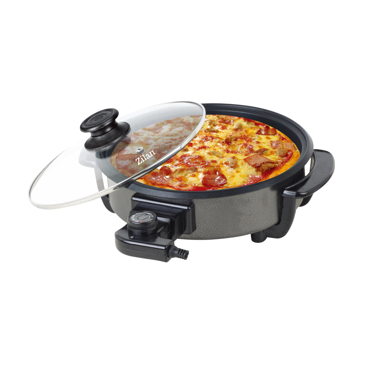 Tigaie electrica pizza grill Floria ZLN4957 - 36cm, 1500W, capac sticla, non-stick