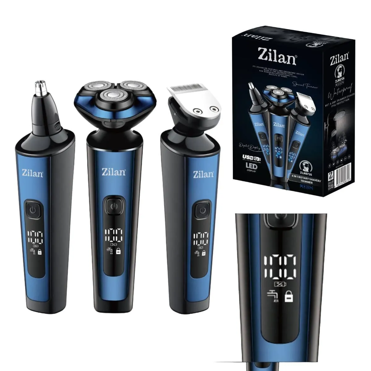 Aparat de ras electric 4 in 1 Zilan ZLN8726 - Wireless, LED, 60 min autonomie, rezistent la apa