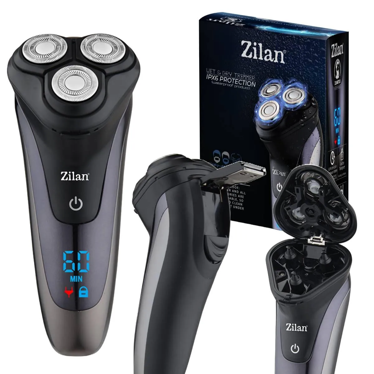 Aparat de ras electric Zilan ZLN8733 - 3 capete rotative, rezistent la apa IPX6, afisaj LED, incarcare rapida USB
