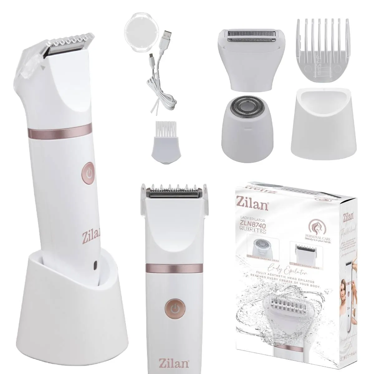 Aparat de epilat profesional Zilan ZLN8740, 3 in 1, incarcare USB, IPX7 Waterproof, 3 capete interschimbabile