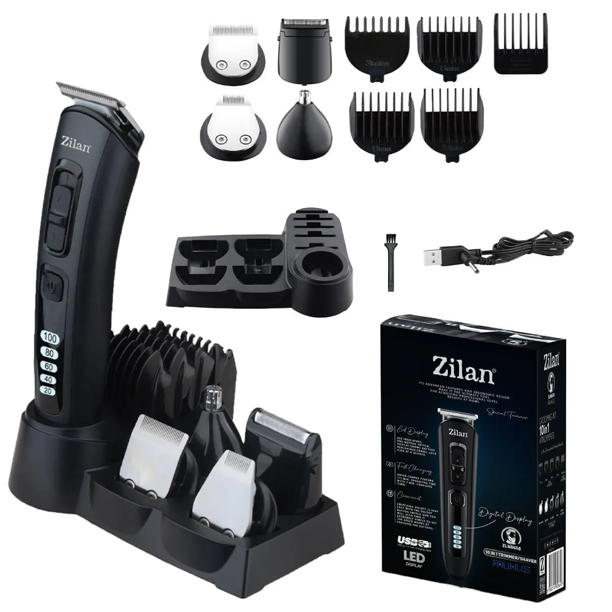 Aparat de tuns multifunctional 10 in 1 Zilan ZLN5919, Uranus - cordless, LED display, pentru tot corpul