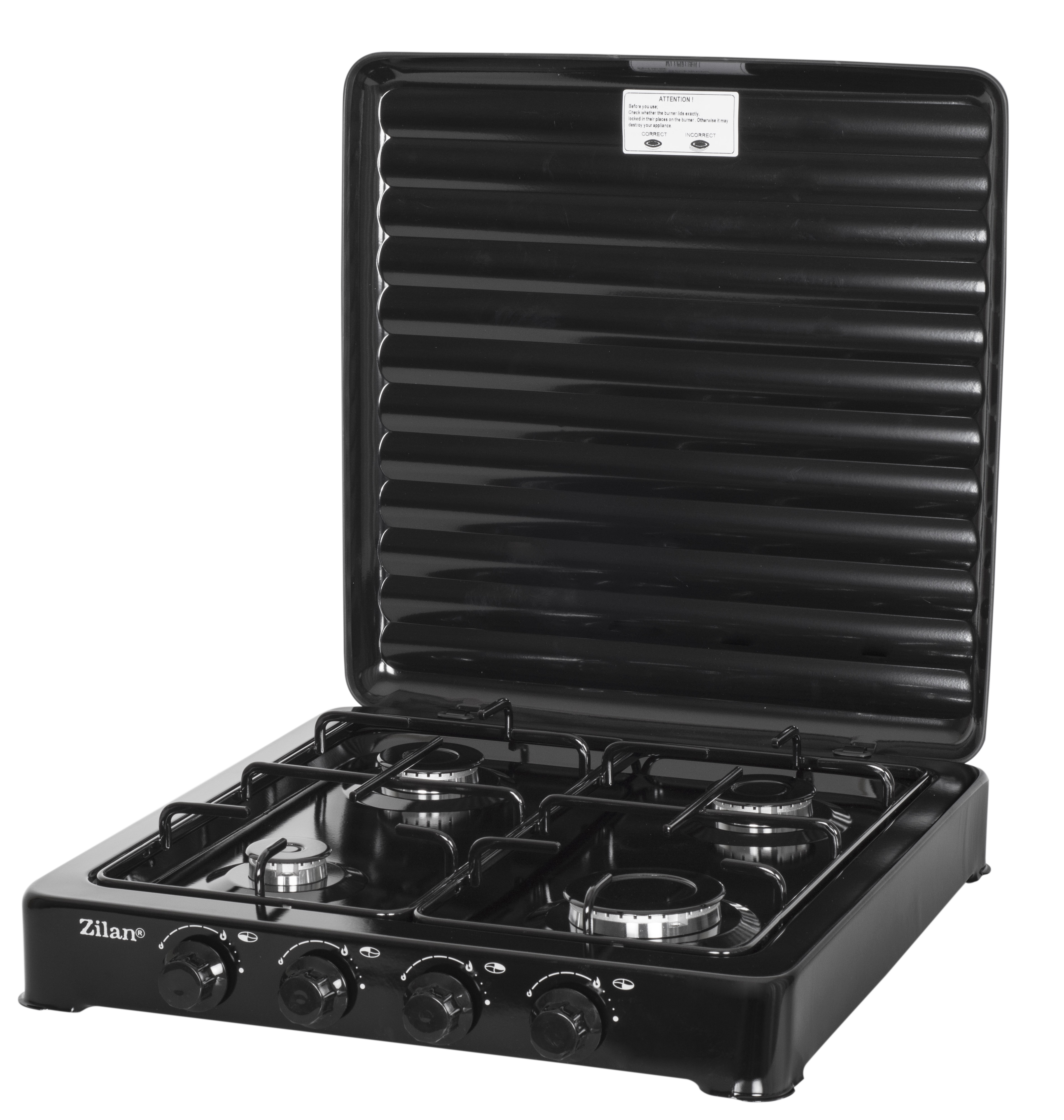 Aragaz GPL 4 arzatoare ZILAN ZLN7079 - 2,3 kW Putere maxima, otel emailat negru